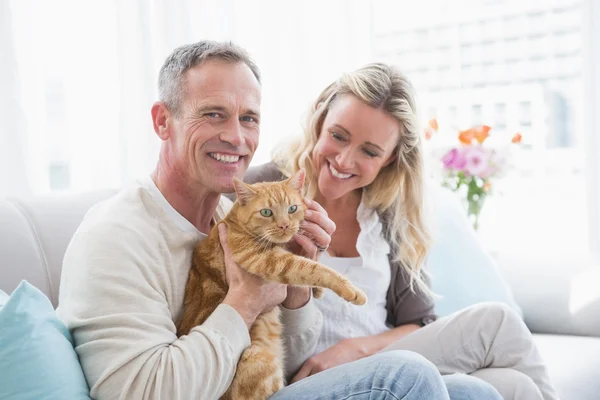 Couple petting gringer cat — Stock Photo, Image