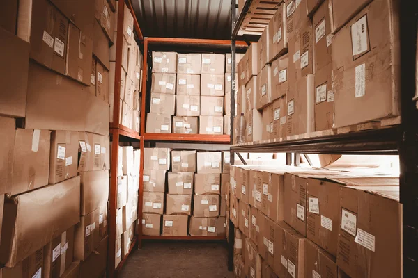 Prateleiras com caixas em armazém — Fotografia de Stock