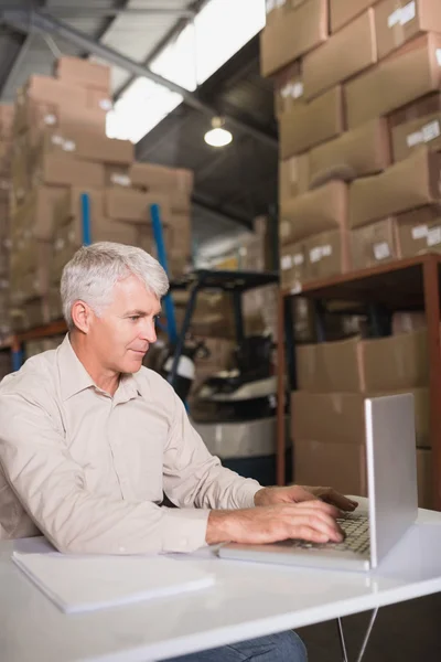 Warehouse manager using laptop — Stock Photo, Image