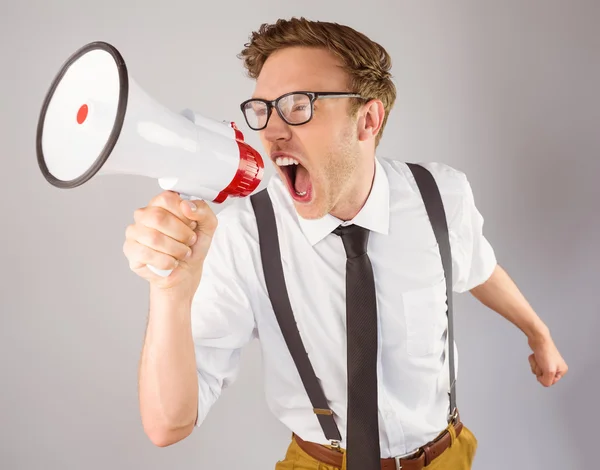 Empresário gritando através de megafone — Fotografia de Stock