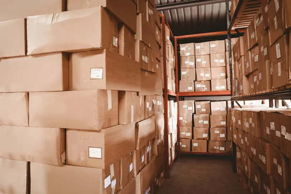 Shelves with boxes in warehouse — Stock Photo, Image