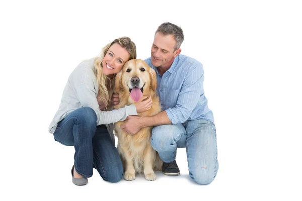 Casal petting golden retriever — Fotografia de Stock