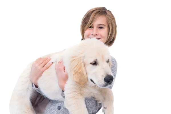 Garçon portant un chien — Photo