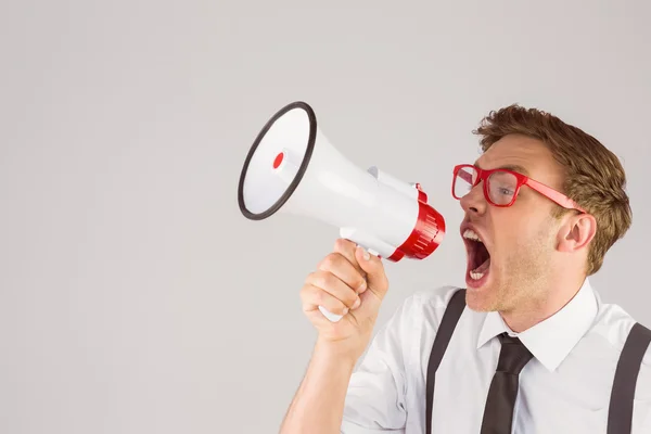 Empresário gritando através de megafone — Fotografia de Stock