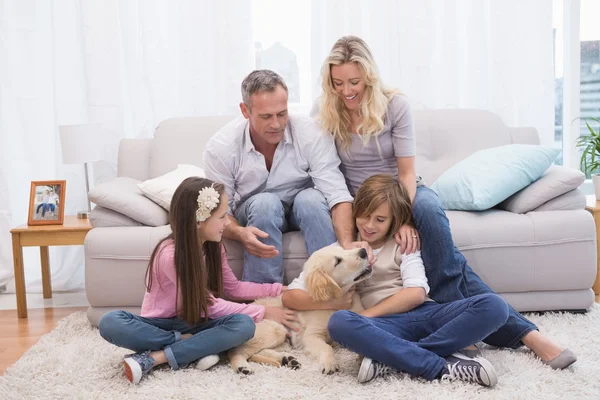 Famiglia con labrador giallo su tappeto — Foto Stock