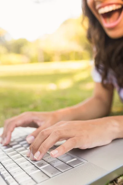 Bruna sdraiata sull'erba e usando il computer portatile — Foto Stock