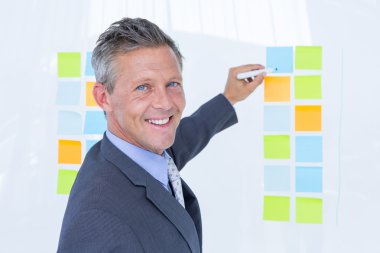 Puzzled businessman looking post its on the wall clipart