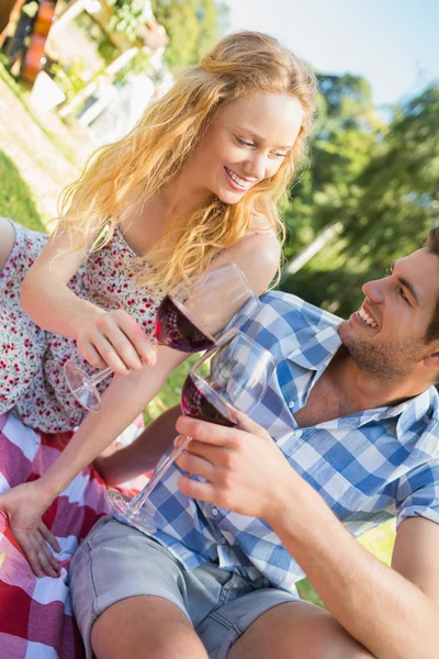 Pareja joven en un picnic bebiendo vino —  Fotos de Stock