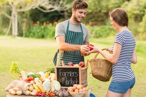 Brunette paprika op de boerenmarkt kopen — Stockfoto