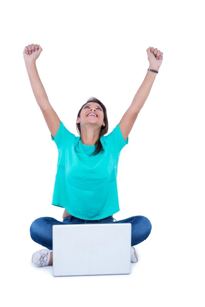 Brunette cheering in front of camera — Stock Photo, Image