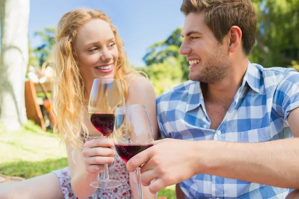 Pareja joven en picnic bebiendo vino — Foto de Stock