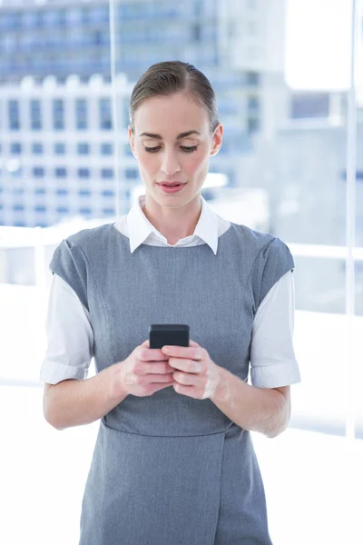 Sorrindo empresária mensagens de texto com telefone — Fotografia de Stock