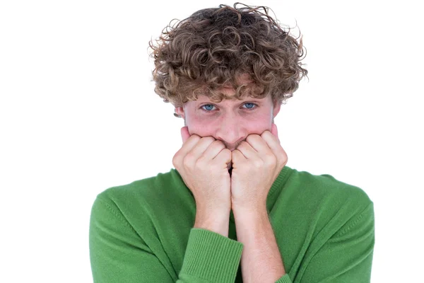 Angstig casual man kijken camera — Stockfoto