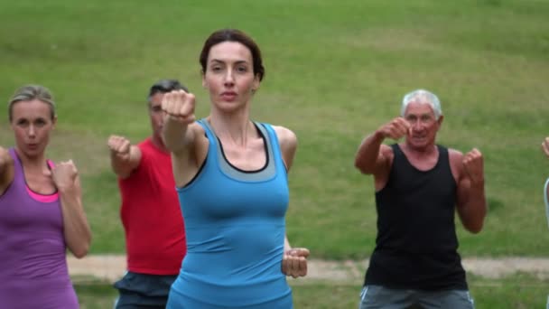 Атлетическая группа показывает свои кулаки — стоковое видео