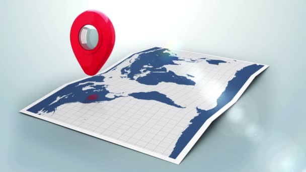 Pointer on a world map with lens flare — Stock Video