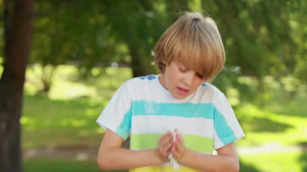 Kleine jongen zijn neus waait — Stockvideo