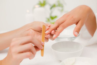 beautician filing female client's nails clipart