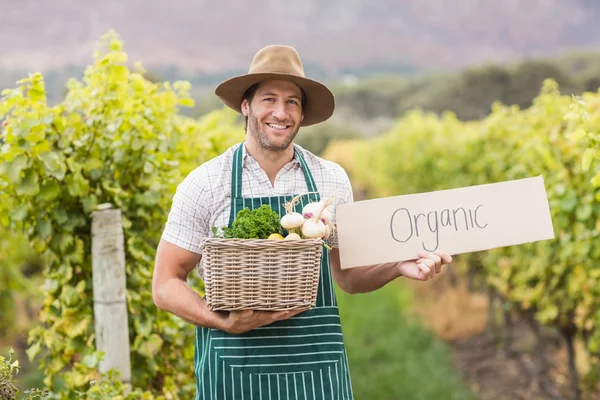 Farmer holding a basket of vegetables and a sign — Stock Photo, Image