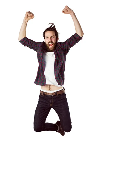 Handsome hipster jumping and cheering — Stock Photo, Image