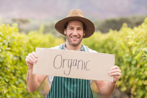 Young happy vintner holding an sign — Stock Photo, Image