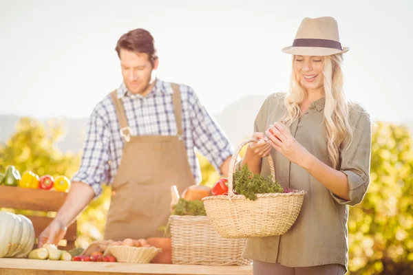 Blondynka klient trzyma koszyka warzywa — Zdjęcie stockowe