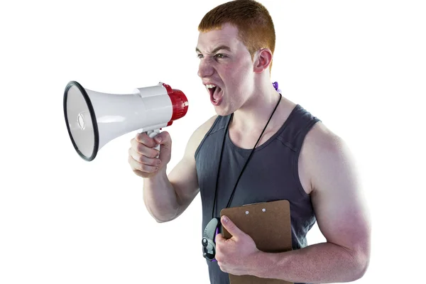 Arrabbiato personal trainer urlando attraverso il megafono — Foto Stock
