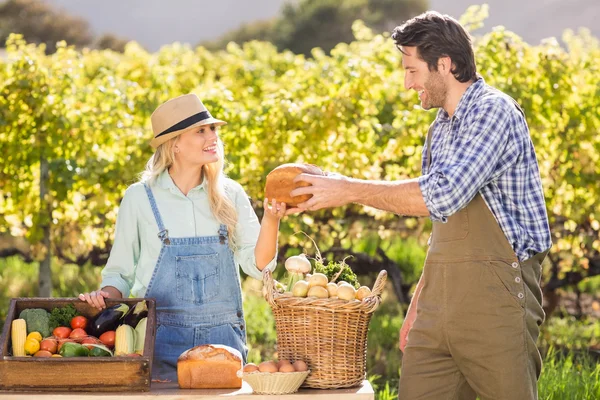 Happy farmer couple handing bread — Stock Photo, Image