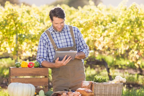 Agricultor sorrindo usando um tablet digital — Fotografia de Stock