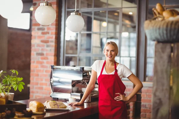 Όμορφη barista εξετάζοντας τη φωτογραφική μηχανή — Φωτογραφία Αρχείου