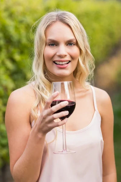 Jeune femme heureuse tenant un verre de vin — Photo