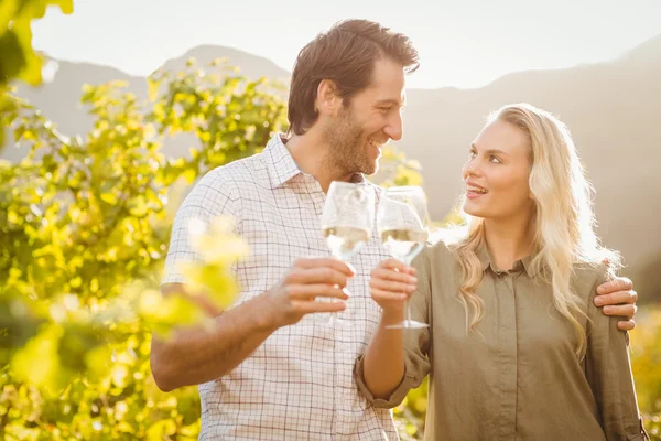 Young happy couple holding glasses of wine — Stock Photo, Image