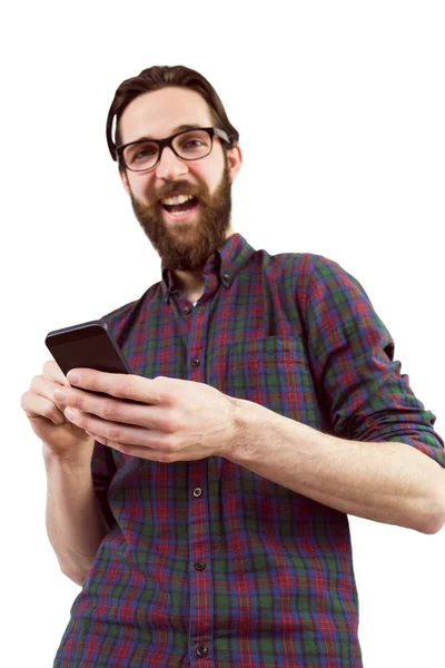 Vacker hipster med sin telefon — Stockfoto