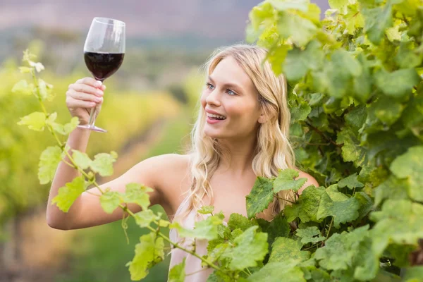 Jeune femme heureuse tenant un verre de vin — Photo