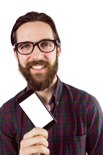Handsome hipster showing his phone — Stock Photo, Image