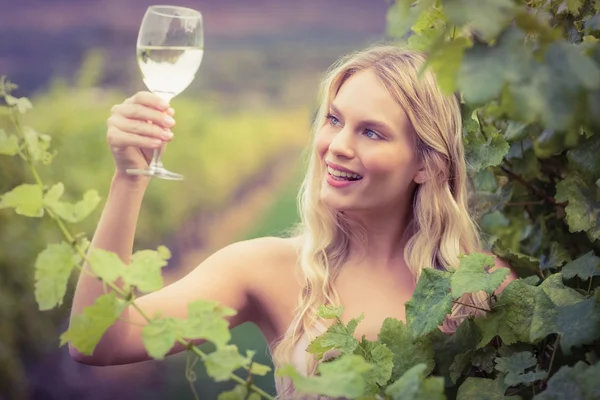 Jovem mulher feliz segurando um copo de vinho — Fotografia de Stock