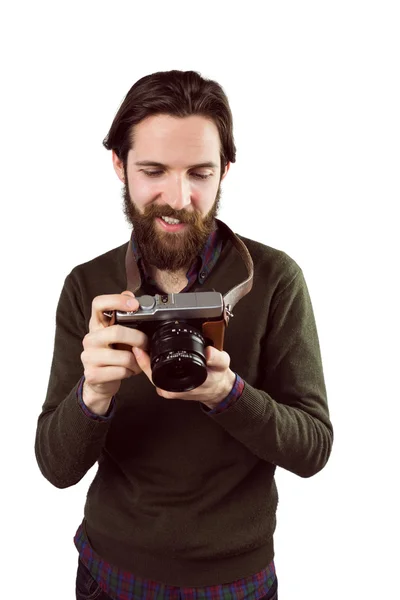 Hipster met zijn vintage camera — Stockfoto