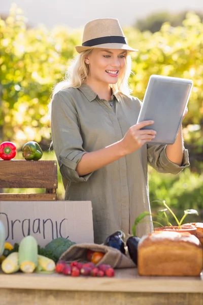 Smiling blonde farmer using a tablet — Stock Photo, Image