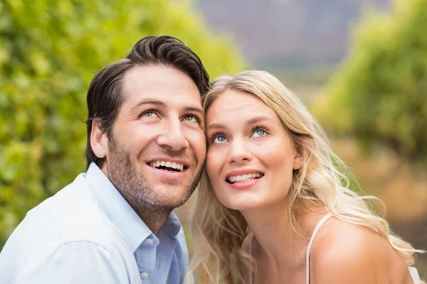 Młode małżeństwo szczęśliwe, patrząc w niebo — Zdjęcie stockowe
