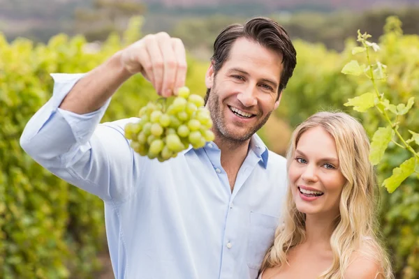 Young happy couple looking at grapes — Stock Photo, Image