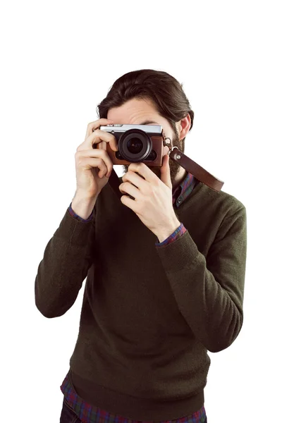 Hipster 그의 빈티지 카메라를 사용 하 여 — 스톡 사진