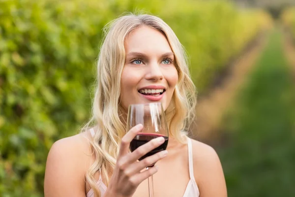 Mladá šťastná žena drží sklenku vína — Stock fotografie