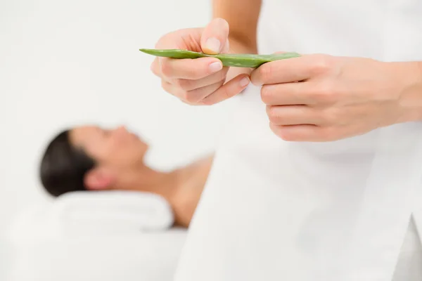 Mulher recebendo massagem aloe vera — Fotografia de Stock