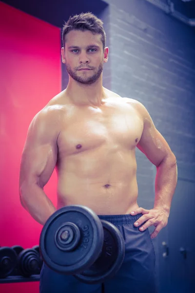 Портрет мускулистого человека, поднимающего гантель — стоковое фото