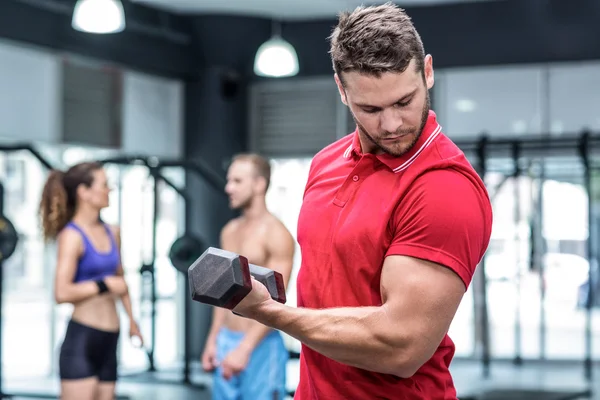 Muscular trainer lifting a dumbbell — Stock Photo, Image