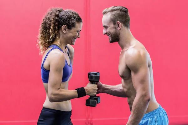 Pareja muscular levantando pesas —  Fotos de Stock