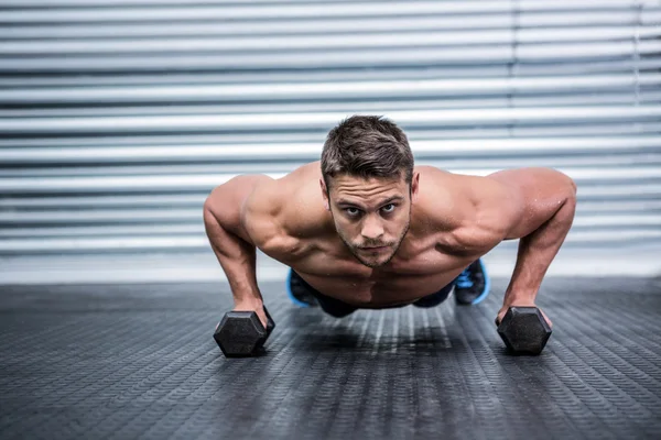 Retrato de un hombre musculoso haciendo flexiones con pesas —  Fotos de Stock