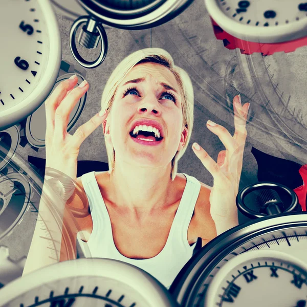 Upset woman yelling with hands up — Stock Photo, Image