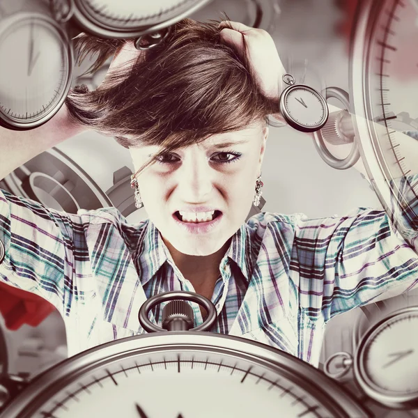 Brunette shouting with hands on head — Stock Photo, Image