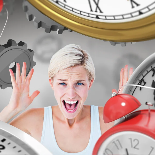 Angry blonde screaming with hands up — Stock Photo, Image