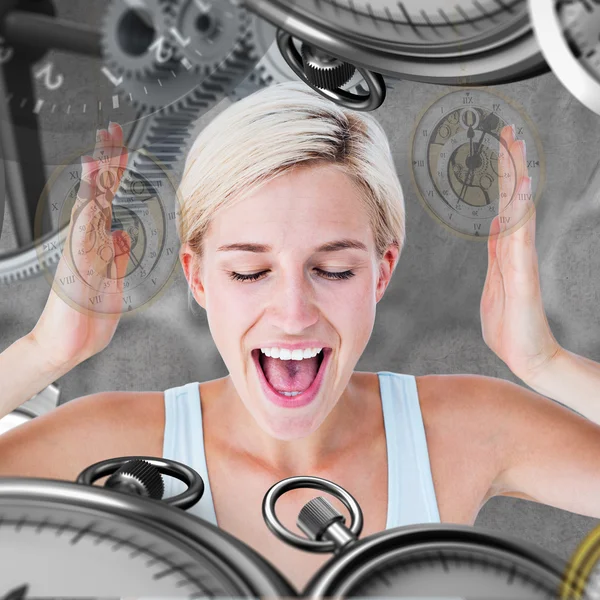 Blonde woman screaming with hands up — Stock Photo, Image